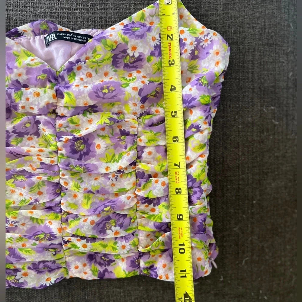 Zara Purple Floral Ruched Crop Top Euro Summer Coastal XS - Picture 8 of 8